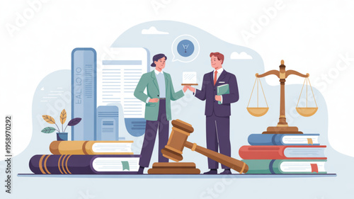 Two businessmen discussing law books and justice scales in a professional setting with gavel