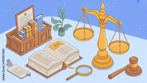 Law books and scales of justice on a desk with gavel magnifying glass and documents in a professional office setting for legal research and study