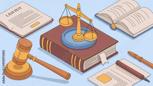 Law books scales of justice and gavel on a desk symbolizing legal judgment and order in a professional setting