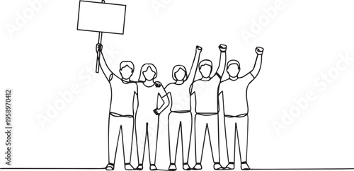 Continuous line drawing of group of people protesting with sign board and raised fists for unity.