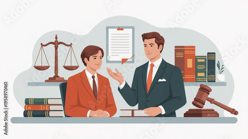 Two lawyers in discussion at a desk with legal documents and scales of justice in a professional office setting