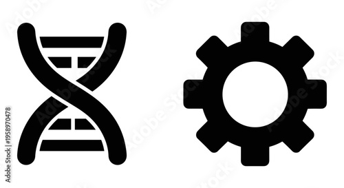 Genetic engineering, biotechnology icons, DNA helix, gear symbols, black vector graphics