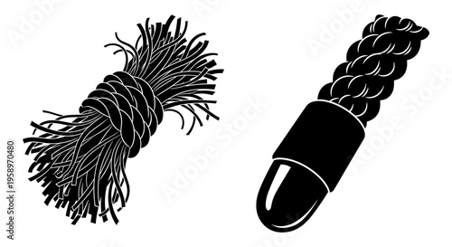 Black rope, cord, and tassel vector icons, minimalist design elements