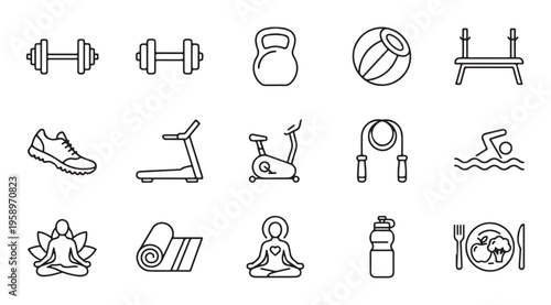 Fitness, Gym and Healthy Lifestyle Line Icon Set