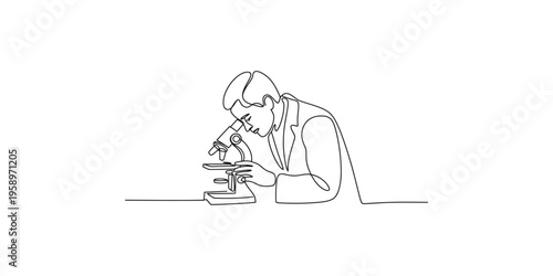 A continuous line drawing depicts a scientist intently examining a sample under a microscope high quality professional detailed