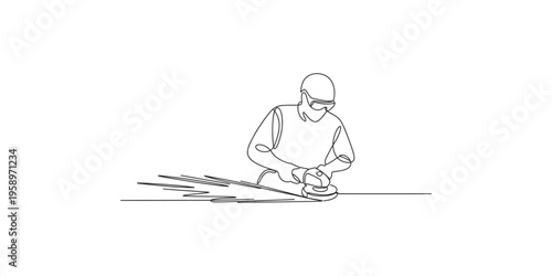 A continuous line drawing depicts a worker using an angle grinder on a surface high quality professional detailed