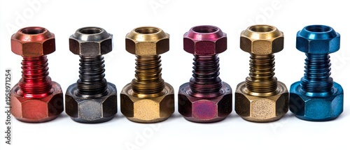 Colorful Collection of Hexagonal Bolts and Nuts Isolated on White