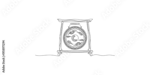 A minimalist line drawing depicts a traditional gong with ornate detailing and stand high quality professional detailed modern