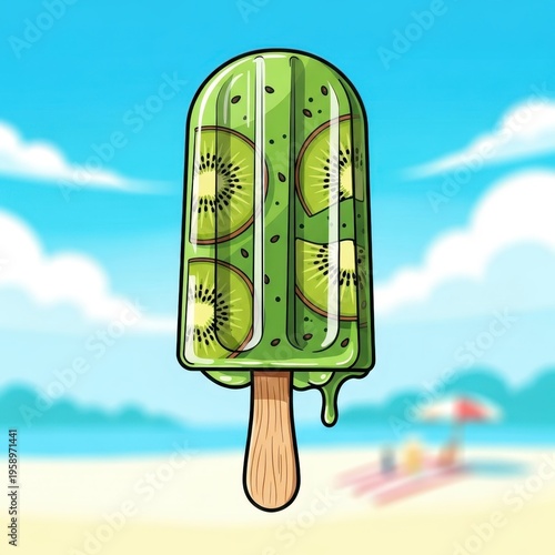 Refreshing Kiwi Popsicle on a Sunny Beach Day Illustration.