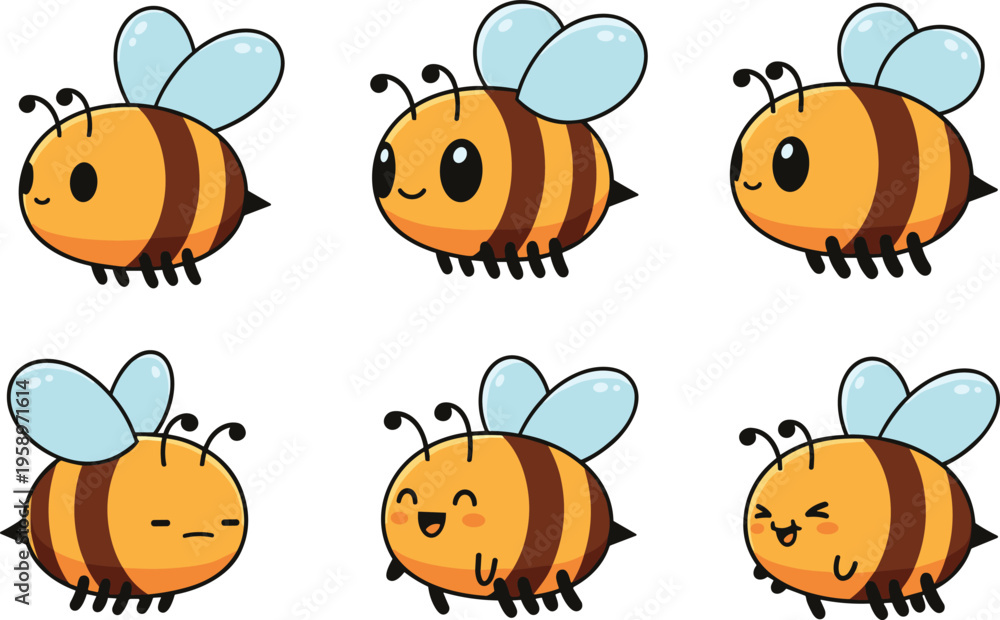 Obraz premium Cute cartoon bees with different facial expressions, playful yellow insects with blue wings, perfect for children’s designs, stickers, educational materials, and fun decorative artwork