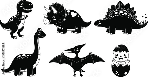 Cute dinosaur silhouette black vector illustration set including tyrannosaurus rex triceratops stegosaurus brachiosaurus pterodactyl and baby dinosaur in egg cad drawing flat design isolated on white 