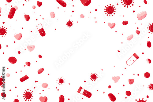 Pattern Art: Red Capsules, Hearts, and Viruses on White Background in Abstract Symmetry