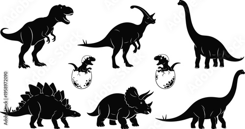 Dinosaur black silhouette collection featuring Tyrannosaurus Rex Triceratops Stegosaurus Brachiosaurus Parasaurolophus and hatching baby dinosaurs in eggs isolated on white background cad 