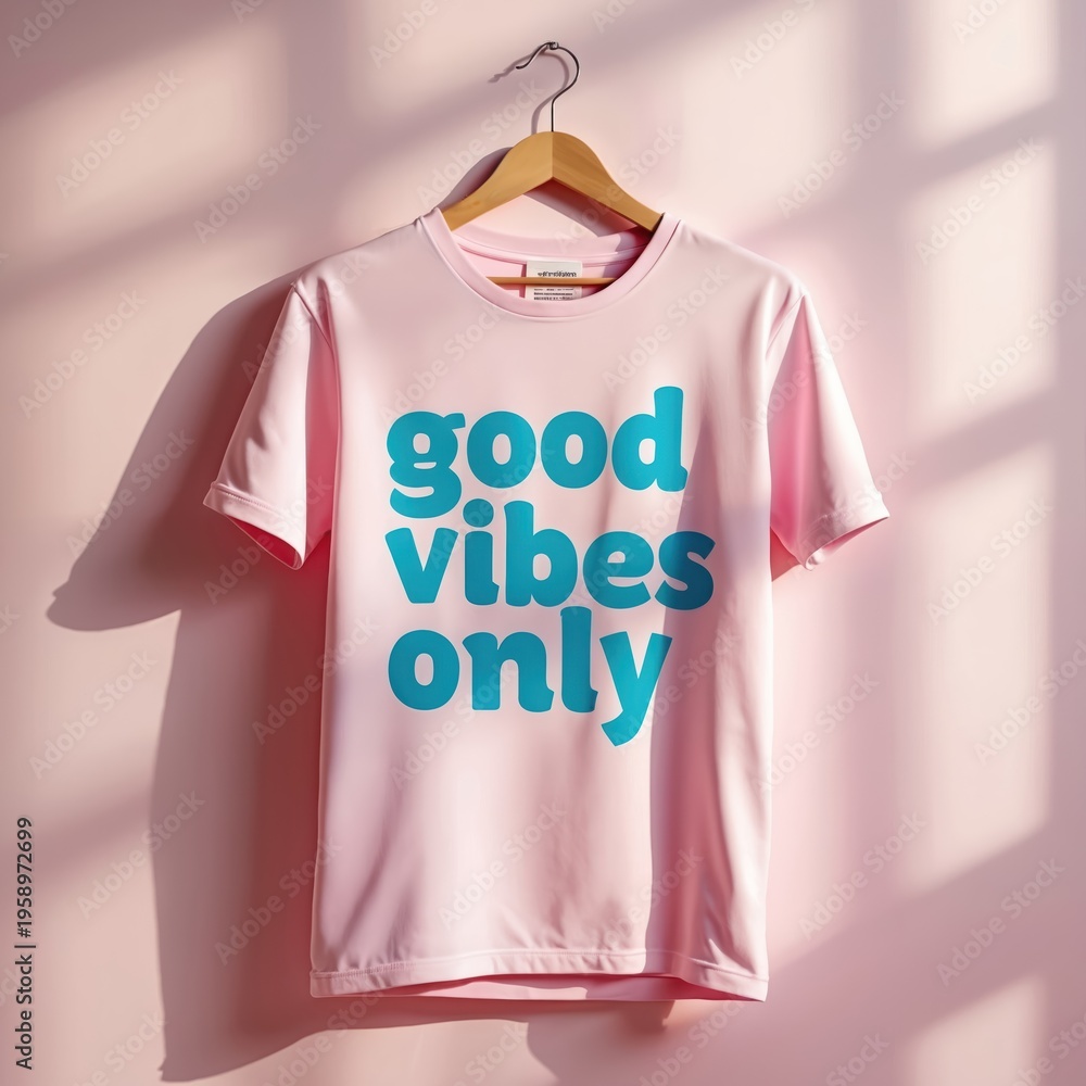 Obraz premium Pink t-shirt with good vibes only text graphic hangs on wooden hanger. Casual apparel styled with modern design on clean background. Positive message on stylish garment.