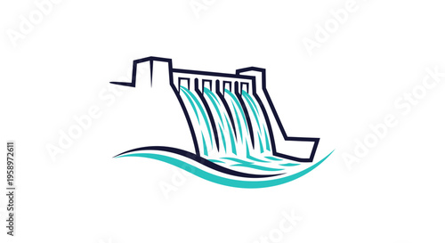 Hydroelectric Power Plant Logo Depicting Water Flowing Over a Concrete Dam
