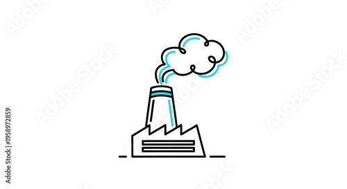 Industrial Plant Icon: Minimalist Factory With Smoke Emissions on Clean White Background