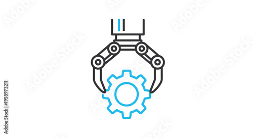 Industrial Automation: Robotic Arm Grasping Gear Icon, Technology And Engineering Concept