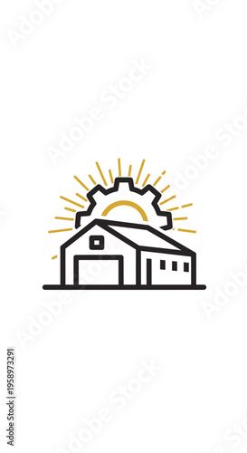 Industrial Building With Sunrise And Gear Emblem Modern Line Art Logo Design