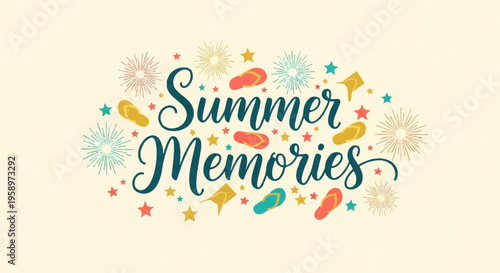 Summer Memories, colorful typography, festive icons, vector illustration, summer vibes graphics