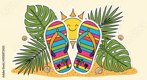 Colorful flip flops, tropical leaves, summer vacation vector, beach sandals