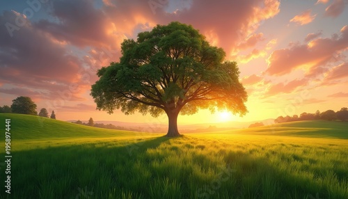 Single majestic oak tree stands in bright green field during golden hour sunset. Fiery orange pink clouds fill sky. Peaceful rural landscape offers calm serene atmosphere.