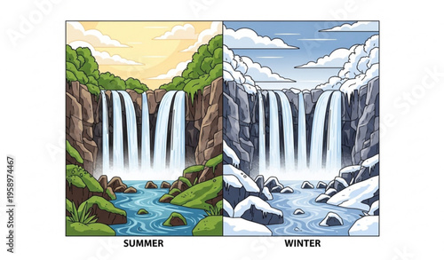 Saar Waterfall Golan Heights seasonal comparison summer and winter scenic vector illustration isolated white background