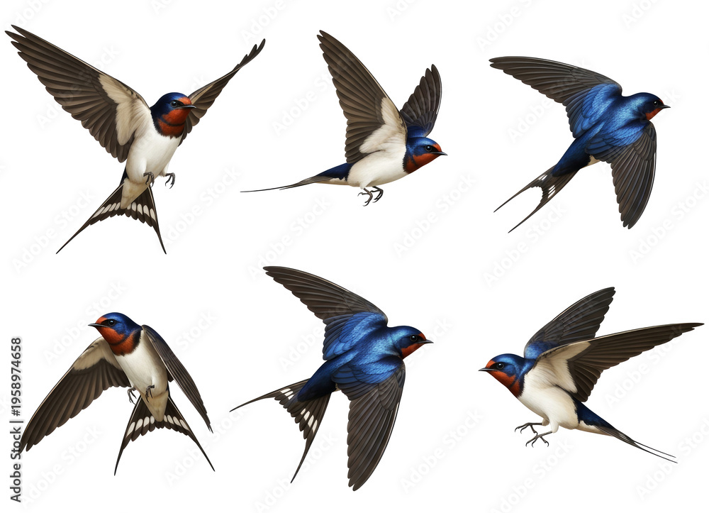 Obraz premium Collection of swallows are flying in different poses against a png transparent. The birds have blue, red, and white feathers.