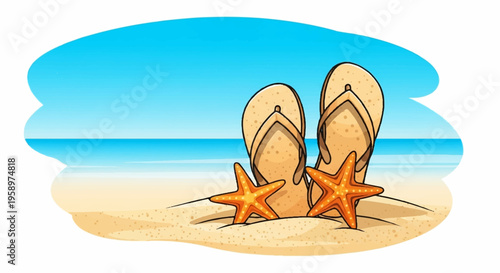 Beach, summer, flip flops, starfish, sand, sea, vacation, illustration, vector
