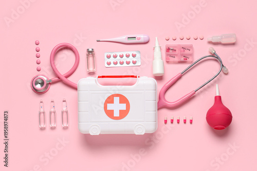 First aid kit with pills, s...