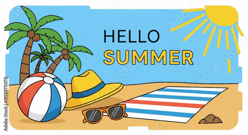Summer beach, hello summer, beach vacation, vector illustration