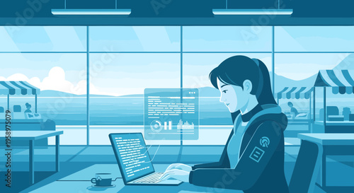 Young woman diligently working on a laptop computer in a modern office setting.