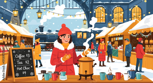 Young woman serving hot drinks at a winter market.