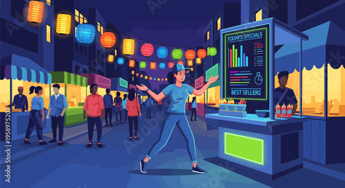 Energetic person dancing at a vibrant night market stall.