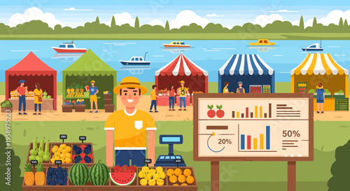 Farmer Selling Fresh Produce at Outdoor Market Stall.