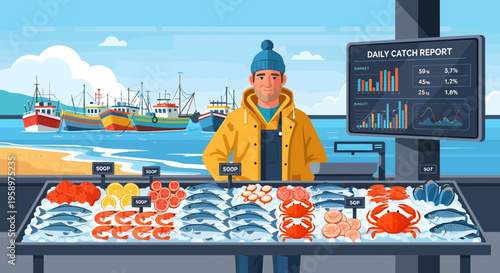 Fisherman selling fresh seafood at market stall.