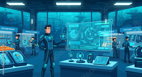 Futuristic scientist interacting with holographic display in advanced laboratory.