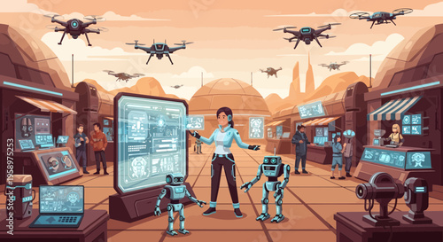 Futuristic Woman Interacting with Robots and Technology.