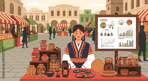 Indigenous woman selling traditional crafts at market stall.