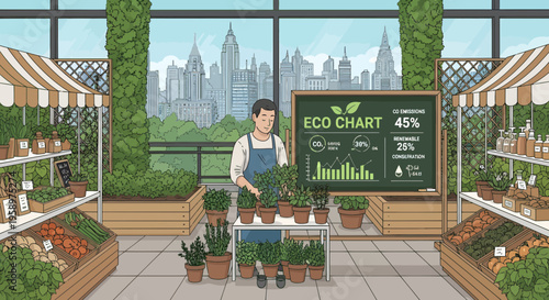 Gardener tending to plants in a greenhouse with eco chart.
