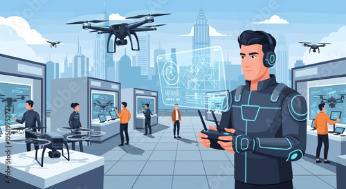 Man controlling drone with futuristic technology.