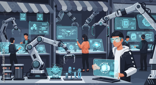 Man in Futuristic Augmented Reality Glasses Interacting with Holographic Interface.