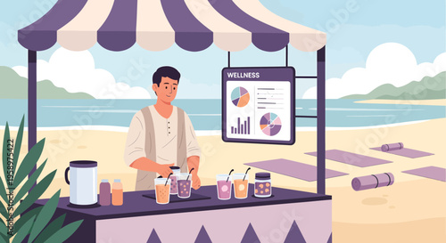 Man Selling Healthy Drinks at Beachside Wellness Stand.