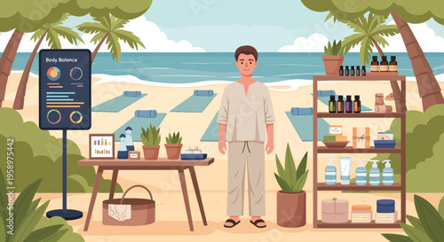Man standing at a beachside stall selling natural products.