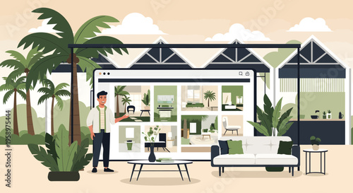 Man standing in front of a digital display showing interior design options.