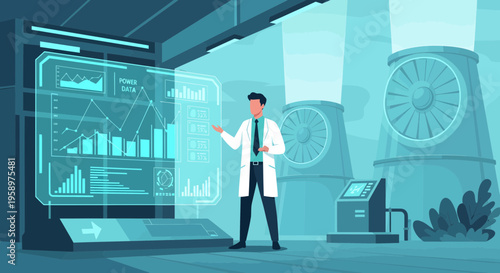 Scientist Analyzing Futuristic Holographic Data Display.