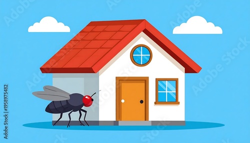 Fly Infestation Problem - Cartoon House with a Large Fly Illustration.