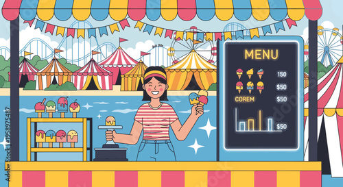 Smiling young woman serving ice cream at a carnival stand.