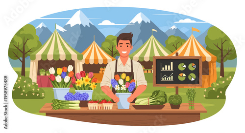 Smiling male florist arranging fresh flowers at outdoor market stall.