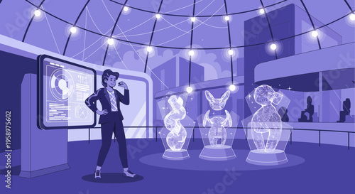 Woman in Museum Admiring Futuristic Art Exhibits.