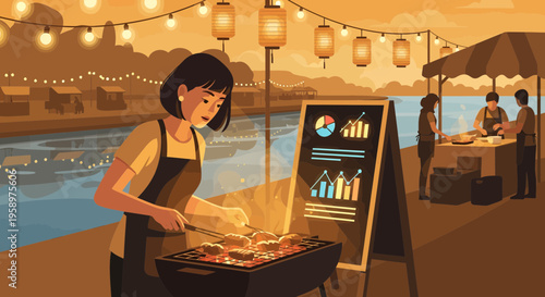 Woman grilling food at outdoor market stall.